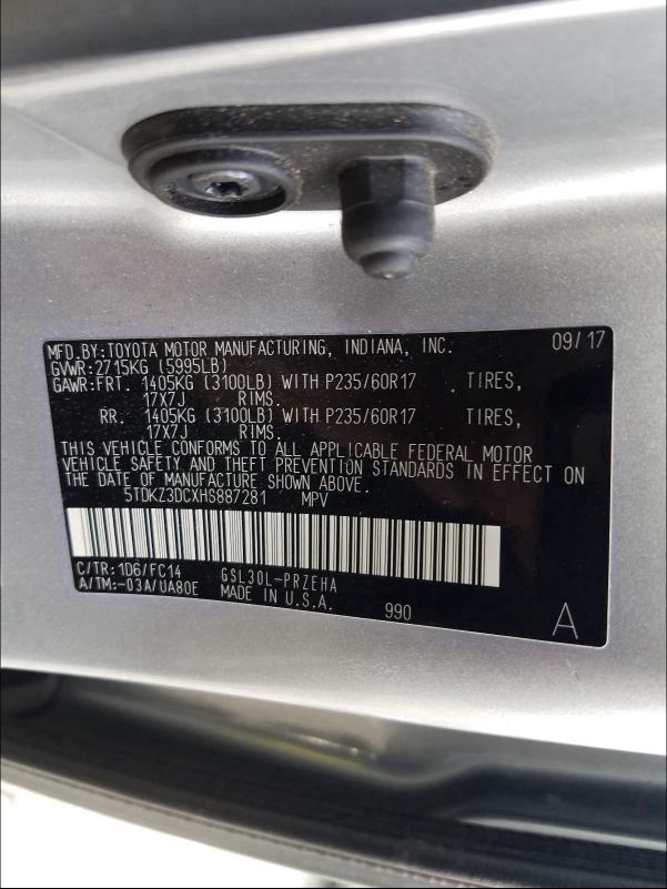 2017 TOYOTA SIENNA LE 5TDKZ3DCXHS887281