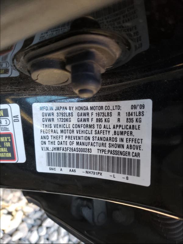 2010 HONDA CIVIC HYBR JHMFA3F26AS000283