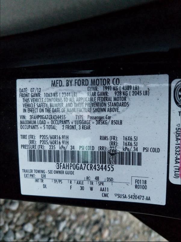 2012 FORD FUSION S - 3FAHP0GA7CR434455