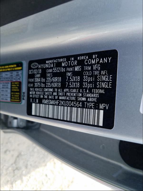 2019 HYUNDAI SANTA FE X KM8SM4HF2KU304564