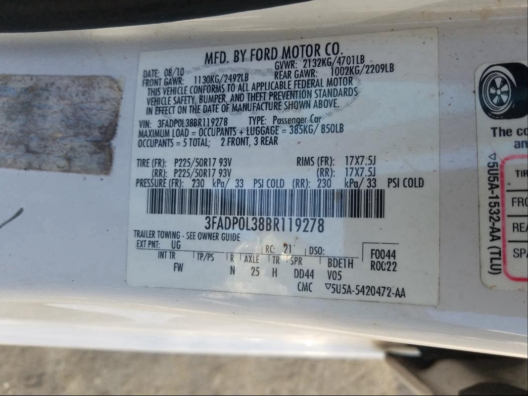 2011 FORD FUSION HYB 3FADP0L38BR119278