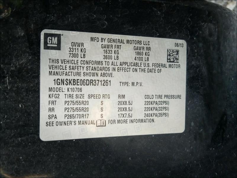 2013 CHEVROLET TAHOE K150 1GNSKBE06DR371261