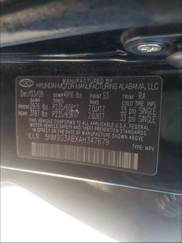 2010 HYUNDAI SANTA FE 5NMSG3ABXAH347679