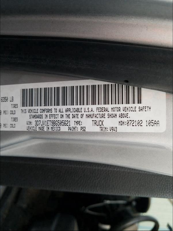 2011 DODGE RAM 1500 3D7JV1ET9BG505621