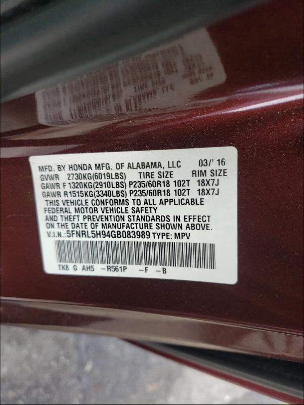 2016 HONDA ODYSSEY TO 5FNRL5H94GB083989