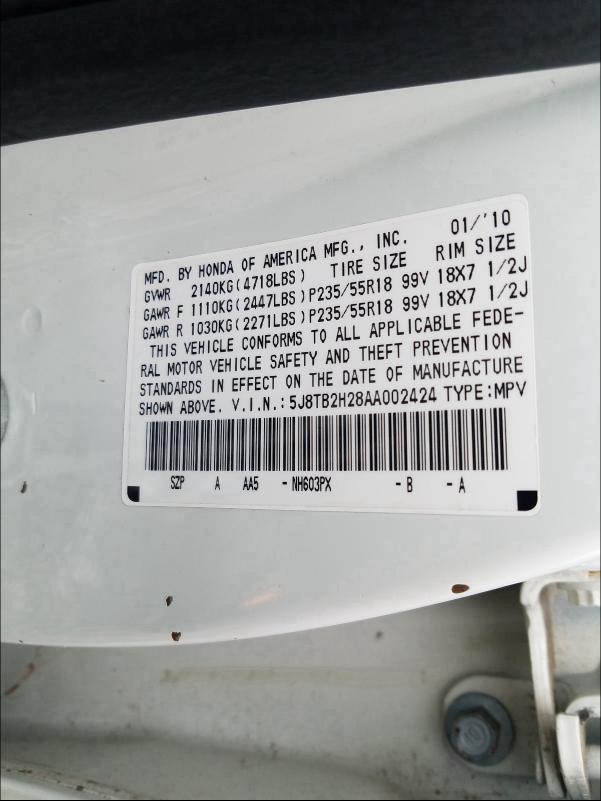 2010 ACURA RDX 5J8TB2H28AA002424