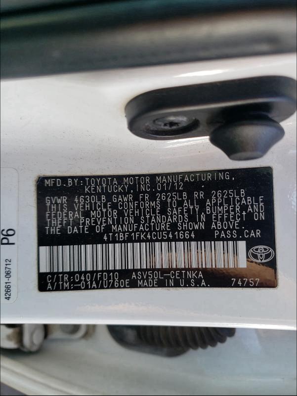2012 TOYOTA CAMRY BASE 4T1BF1FK4CU541664
