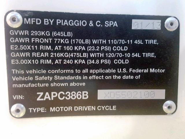 2013 PIAGGIO SCOOTER ZAPC386BXD5502100