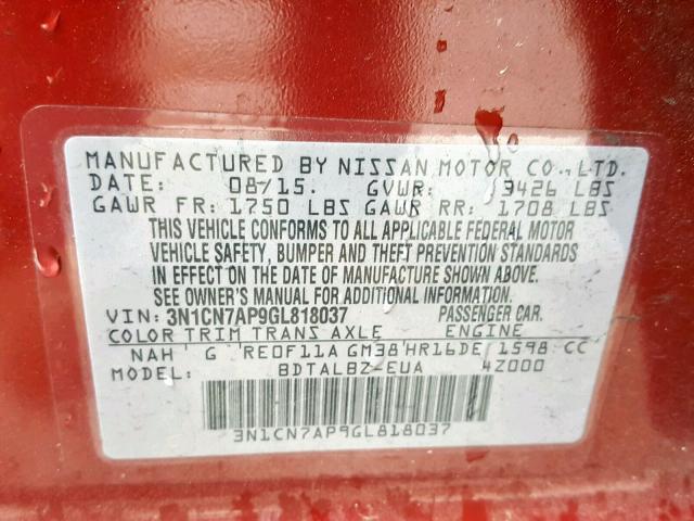 3N1CN7AP9GL818037 2016 Nissan Versa S