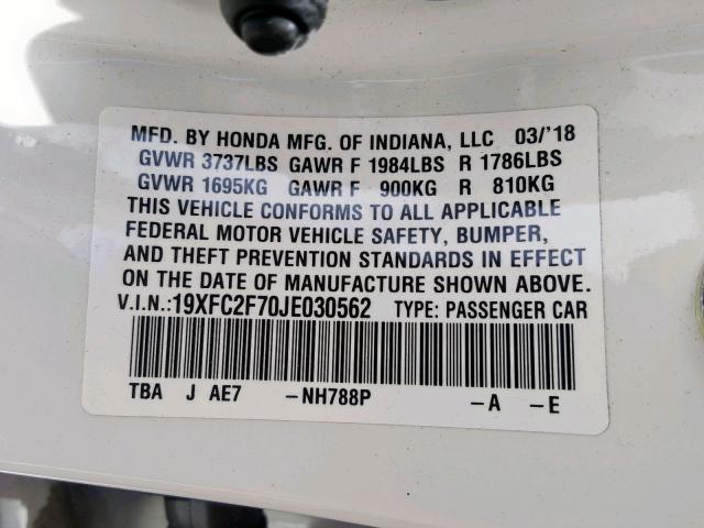 19XFC2F70JE030562 HONDA CIVIC 2018