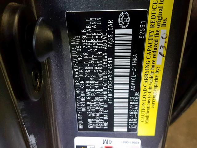 2010 TOYOTA CAMRY BASE 4T4BF3EK3AR054519