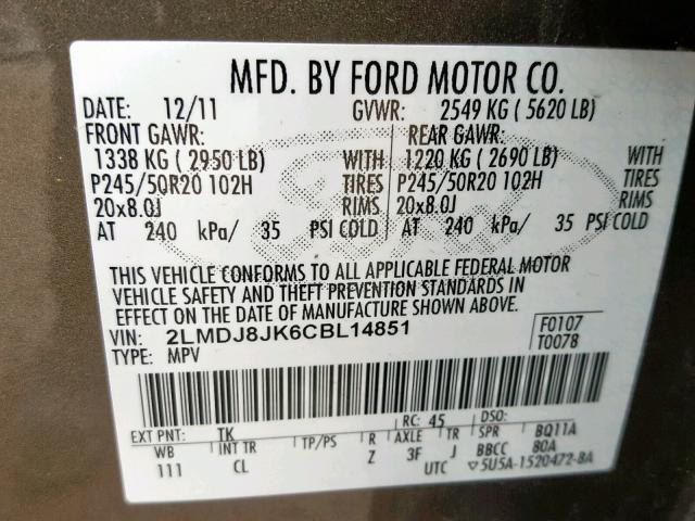2012 LINCOLN MKX 2LMDJ8JK6CBL14851