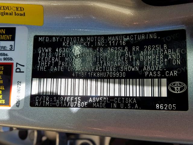 VIN 4T1L11AK2LU321305 2020 Toyota Camry, LE no.10