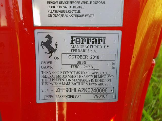 VIN ZFF90HLA2K0240696 2019 Ferrari 488 no.10