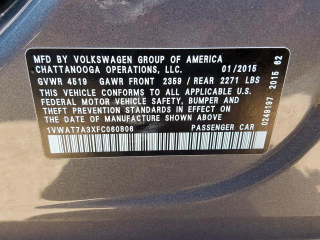 VIN JTHGZ1B25P5059257 2015 VOLKSWAGEN PASSAT S no.10