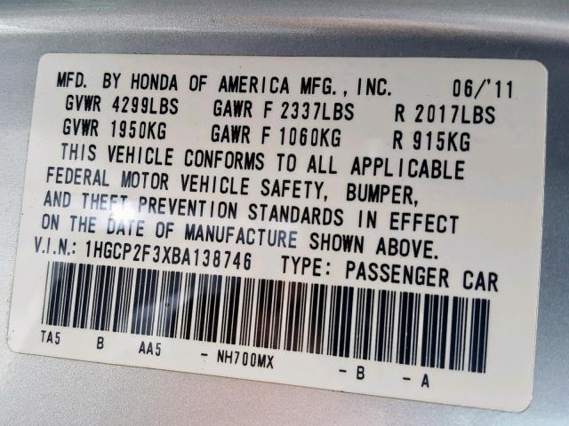 VIN JTHCF1D29E5005977 2011 HONDA ACCORD LX no.10