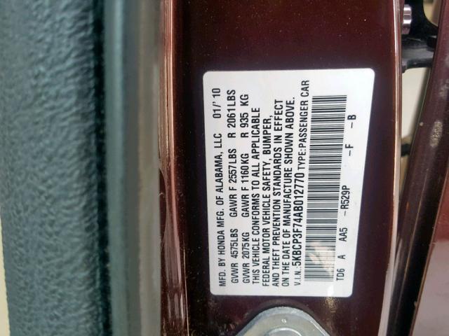 VIN W1Y4EBHY4NT098248 2010 HONDA ACCORD EX no.10