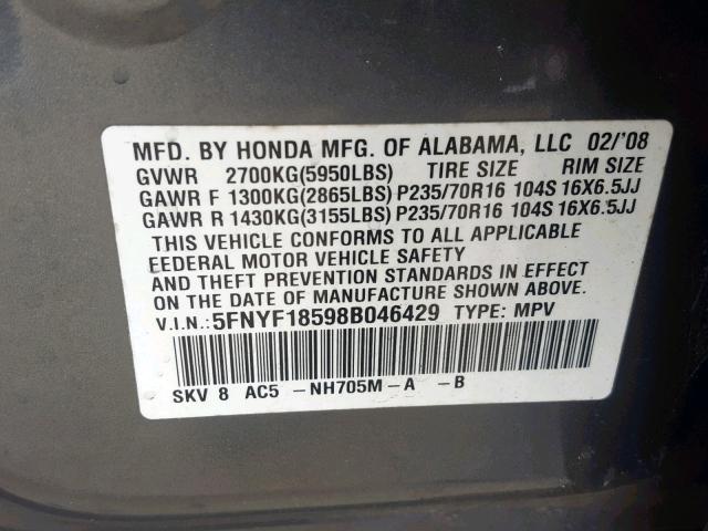 VIN 5FNRL5H46FB089280 2015 Honda Odyssey, EX no.10