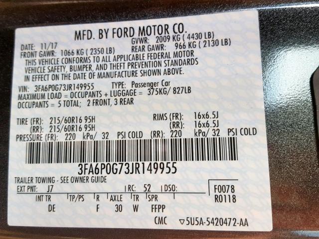 VIN 19XFC2E56HE079212 2018 FORD FUSION S no.10