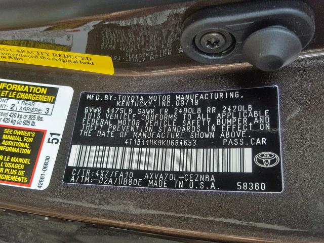 VIN 5YFB4MDE1RP165228 2019 TOYOTA CAMRY L no.10