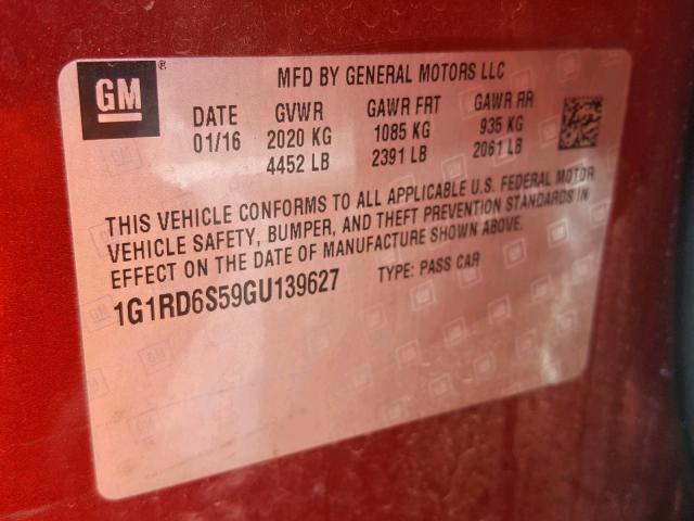 VIN 1G1RD6S59GU139627 2016 Chevrolet Volt, Ltz no.10