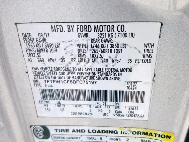 VIN 2GKFLYE3XD6135765 2011 FORD F150 no.10