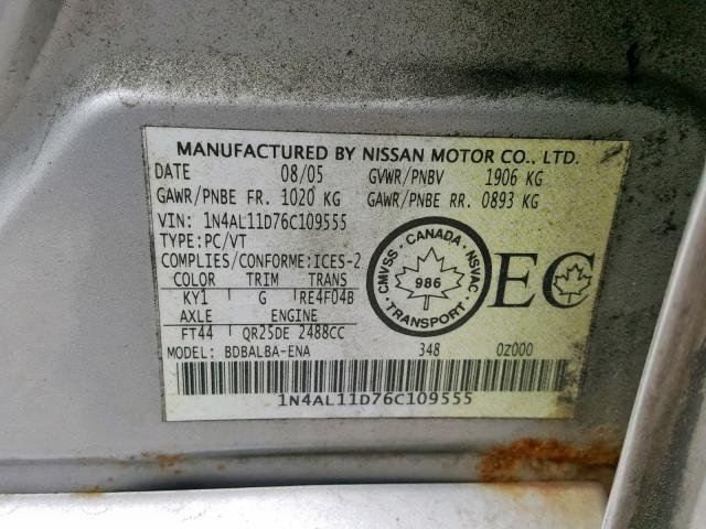 VIN 4T1G11AK5MU611833 2006 NISSAN ALTIMA S no.10