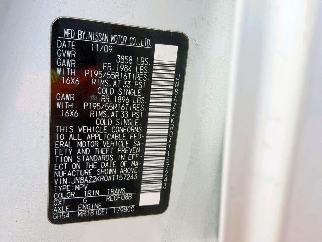 VIN KMHD35LH7HU365704 2010 NISSAN CUBE BASE no.10