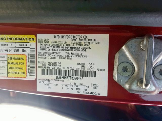 VIN 5XXGT4L3XKG326084 2014 FORD FUSION SE no.10