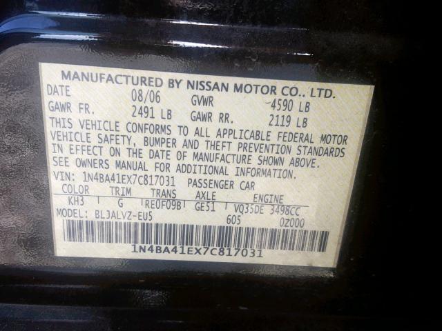 VIN 1C4AJWAGXDL705425 2007 NISSAN MAXIMA SE no.10