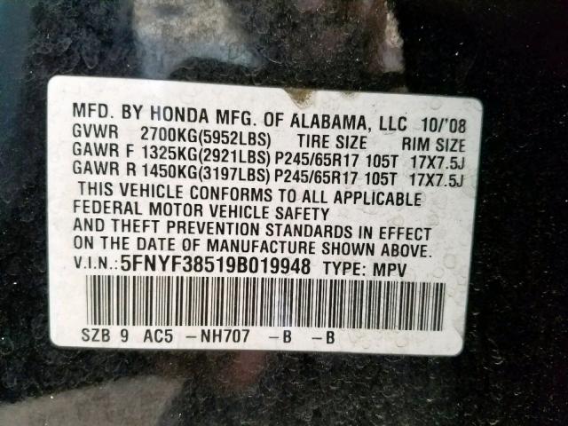 VIN 3KPF24AD6ME361520 2009 HONDA PILOT EXL no.10