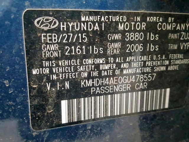 VIN WA1BNAFY7J2150457 2016 HYUNDAI ELANTRA SE no.10