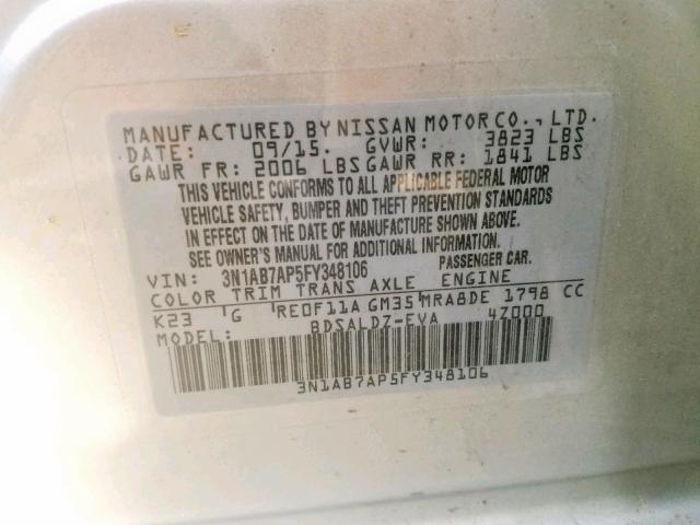 VIN 5N1AT2MTXKC823804 2015 NISSAN SENTRA S no.10