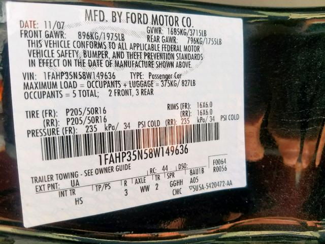 VIN 1N4BL4DV9KC142464 2008 FORD FOCUS SE no.10