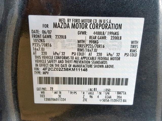 VIN 4T1DAACK8SU022725 2008 MAZDA TRIBUTE I no.10