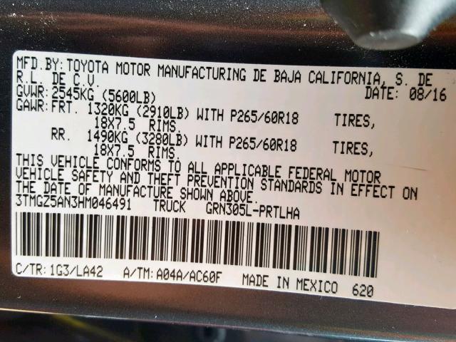 VIN 1FMCU9H64LUA76621 2017 TOYOTA TACOMA DOU no.10