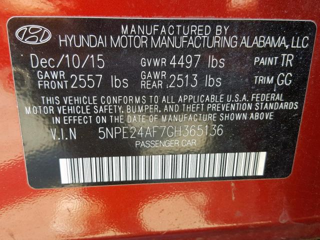 VIN 1C4RJFBG3EC347622 2016 HYUNDAI SONATA SE no.10