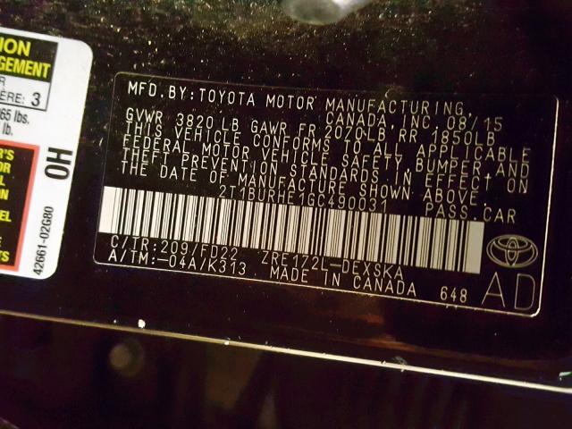 VIN WA1DGAFP1EA127374 2016 TOYOTA COROLLA L no.10