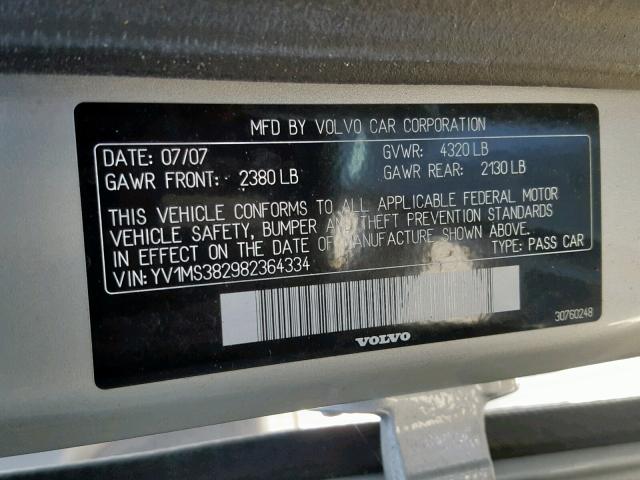 VIN JF2GPACC4E9303809 2008 VOLVO S40 2.4I no.10