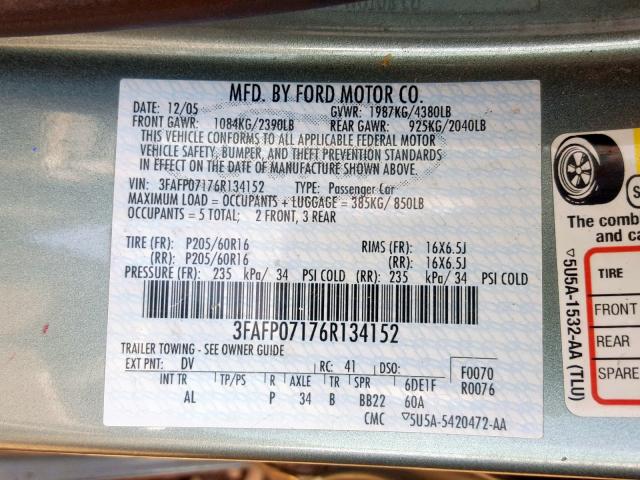 VIN JTNC4MBE7S3236465 2006 FORD FUSION SE no.10