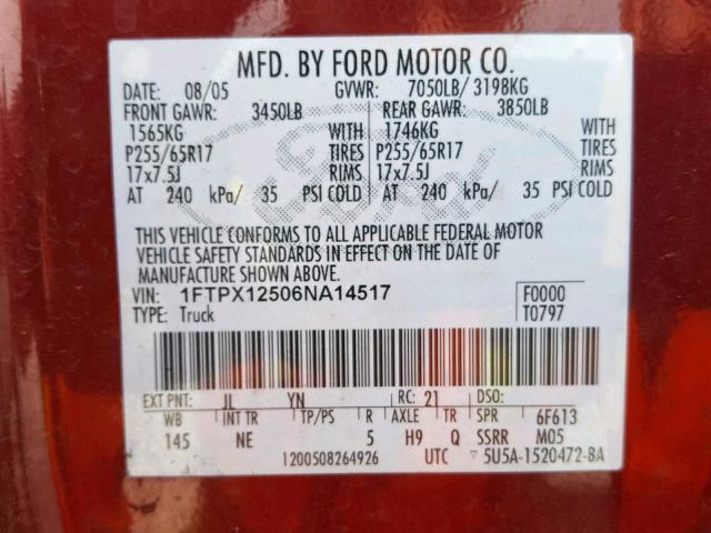 VIN 1G1FW6S05P4177826 2006 FORD F150 no.10