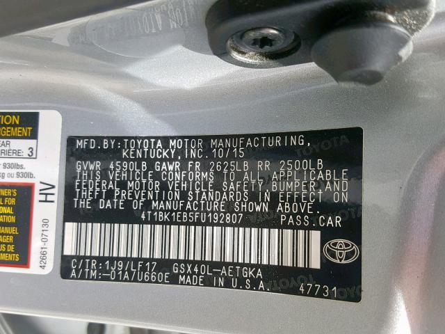 VIN 5FNYF4H90EB020382 2015 TOYOTA AVALON XLE no.10