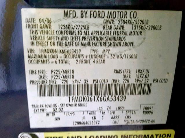 VIN 5NPDH4AE4DH261099 2006 FORD FREESTYLE no.10