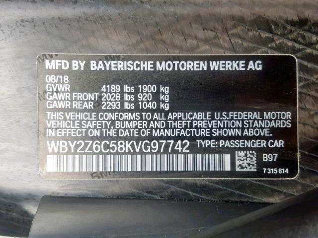 VIN WBY2Z6C58KVG97742 2019 BMW I8 no.10