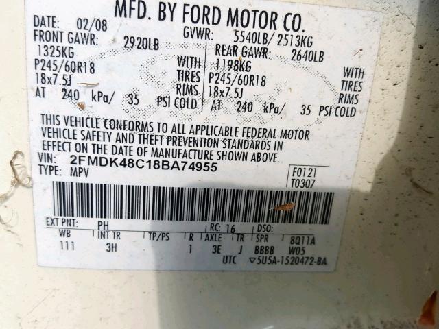 VIN JM3KE2DY7E0304348 2008 FORD EDGE SEL no.10