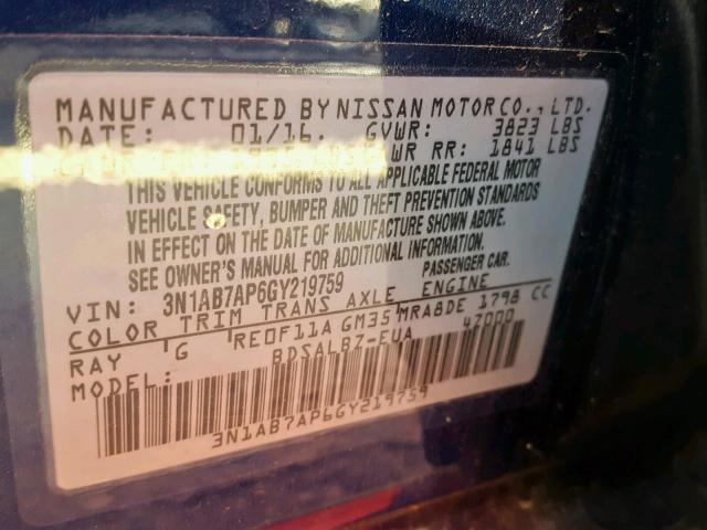 VIN 3C6UR5CL9JG164863 2016 NISSAN SENTRA S no.10