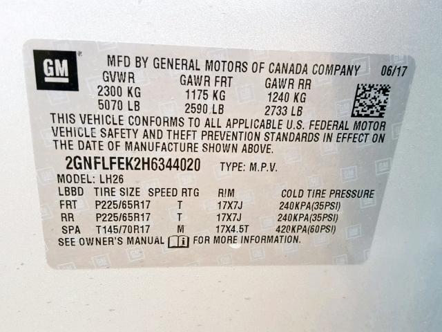 2017 CHEVROLET EQUINOX LT 2GNFLFEK2H6344020