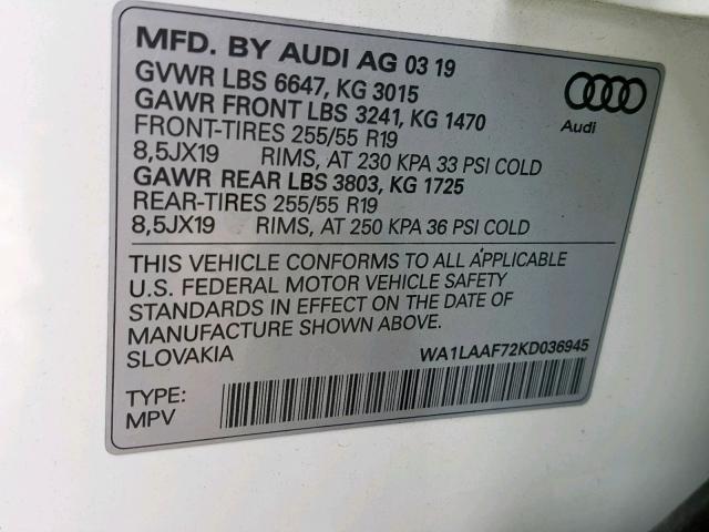 VIN WA1LAAF72KD036945 2019 Audi Q7, Premium Plus no.10