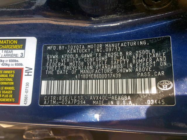 2013 TOYOTA AVALON HYB 4T1BD1EB6DU017439