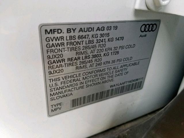 VIN WA1LAAF71KD039111 2019 Audi Q7, Premium Plus no.10